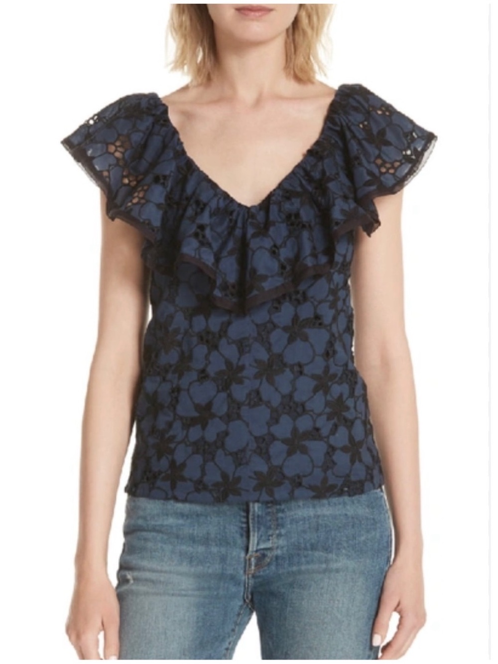 Rebecca Taylor Women’s Sz 6 Black Ruffle Top Adriana Embroidered Puff Sleeve